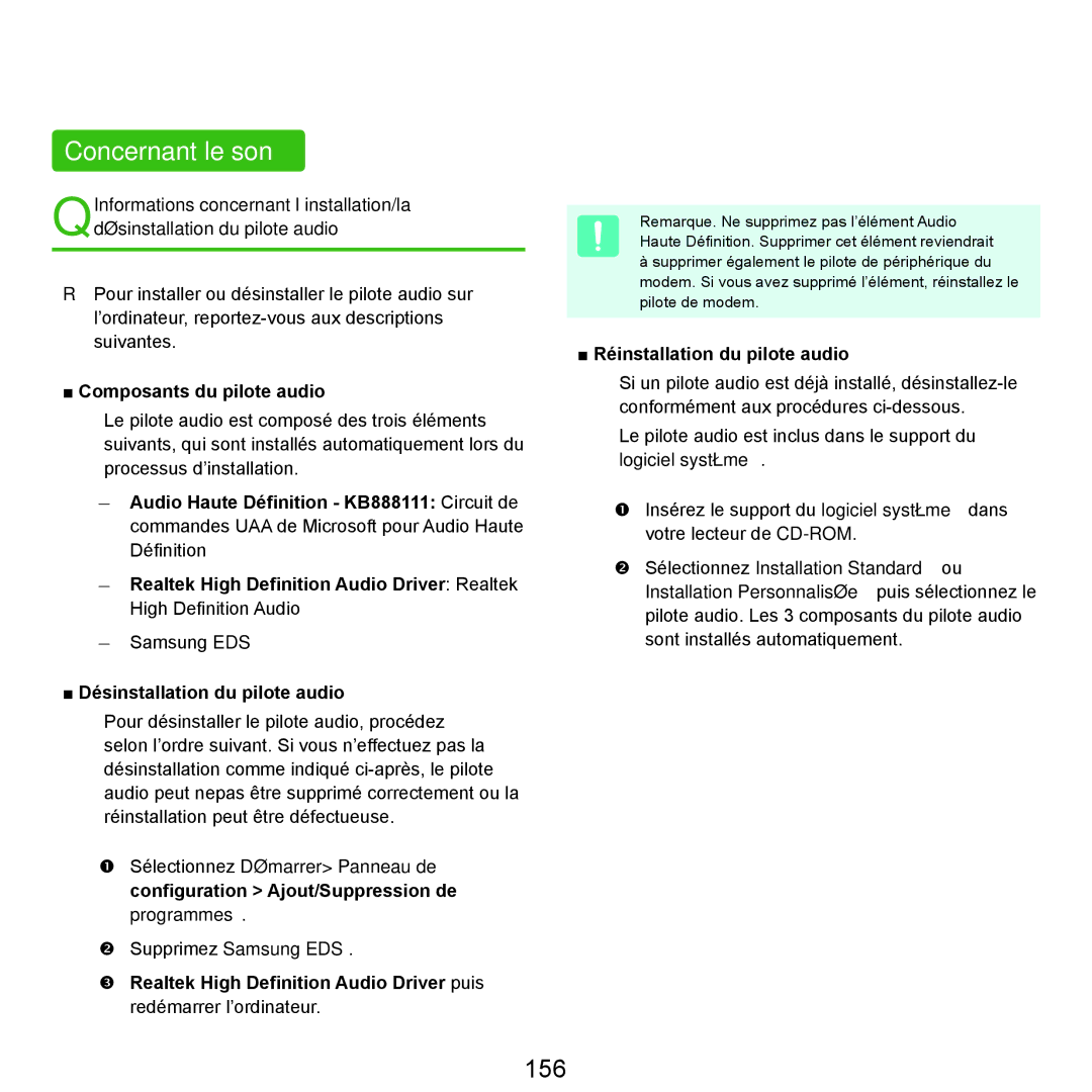 Samsung NP-P200-XA01FR, NP-P200BM/DE Concernant le son, 156, Composants du pilote audio, Désinstallation du pilote audio 