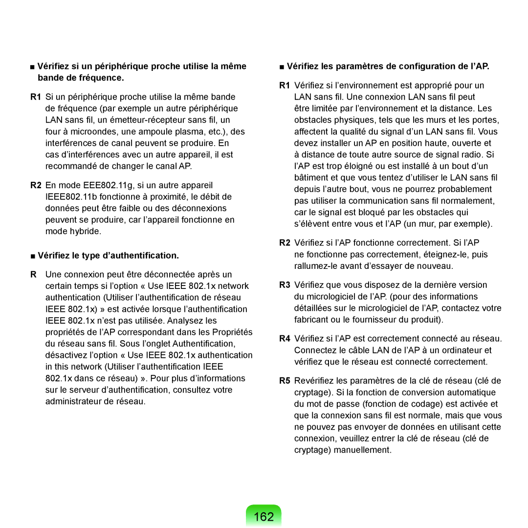 Samsung NP-P200-FA01DE manual 162, Vérifiez le type d’authentification, Vérifiez les paramètres de configuration de l’AP 