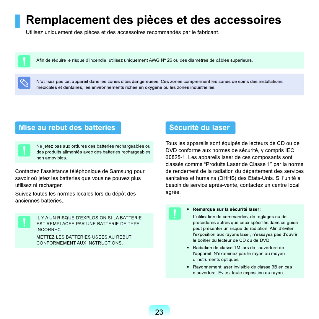 Samsung NP-P200-FA01FR manual Remplacement des pièces et des accessoires, Mise au rebut des batteries, Sécurité du laser 