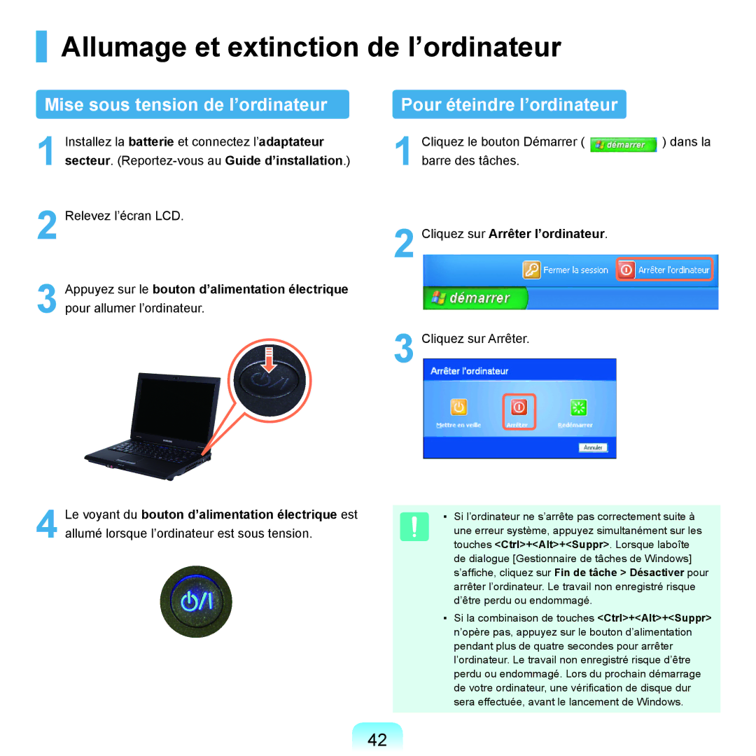 Samsung NP-P200BM/FR Allumage et extinction de l’ordinateur, Mise sous tension de l’ordinateur, Pour éteindre l’ordinateur 