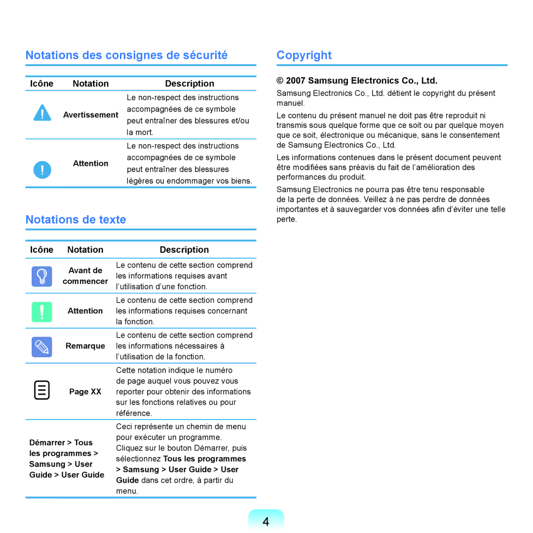 Samsung NP-P200-FA02FR Notations des consignes de sécurité, Notations de texte, Copyright, Icône Notation Description 