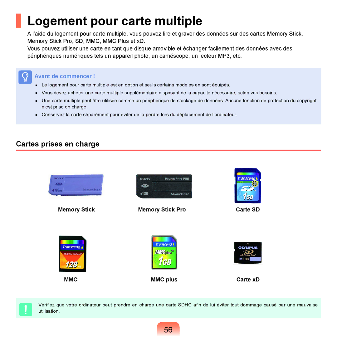 Samsung NP-P200-FA01FR manual Logement pour carte multiple, Cartes prises en charge, Memory Stick Memory Stick Pro Carte SD 