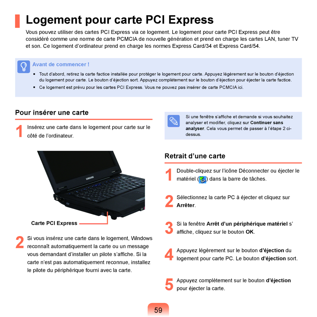 Samsung NP-P200-FA02FR Logement pour carte PCI Express, Pour insérer une carte, Retrait d’une carte, Carte PCI Express 