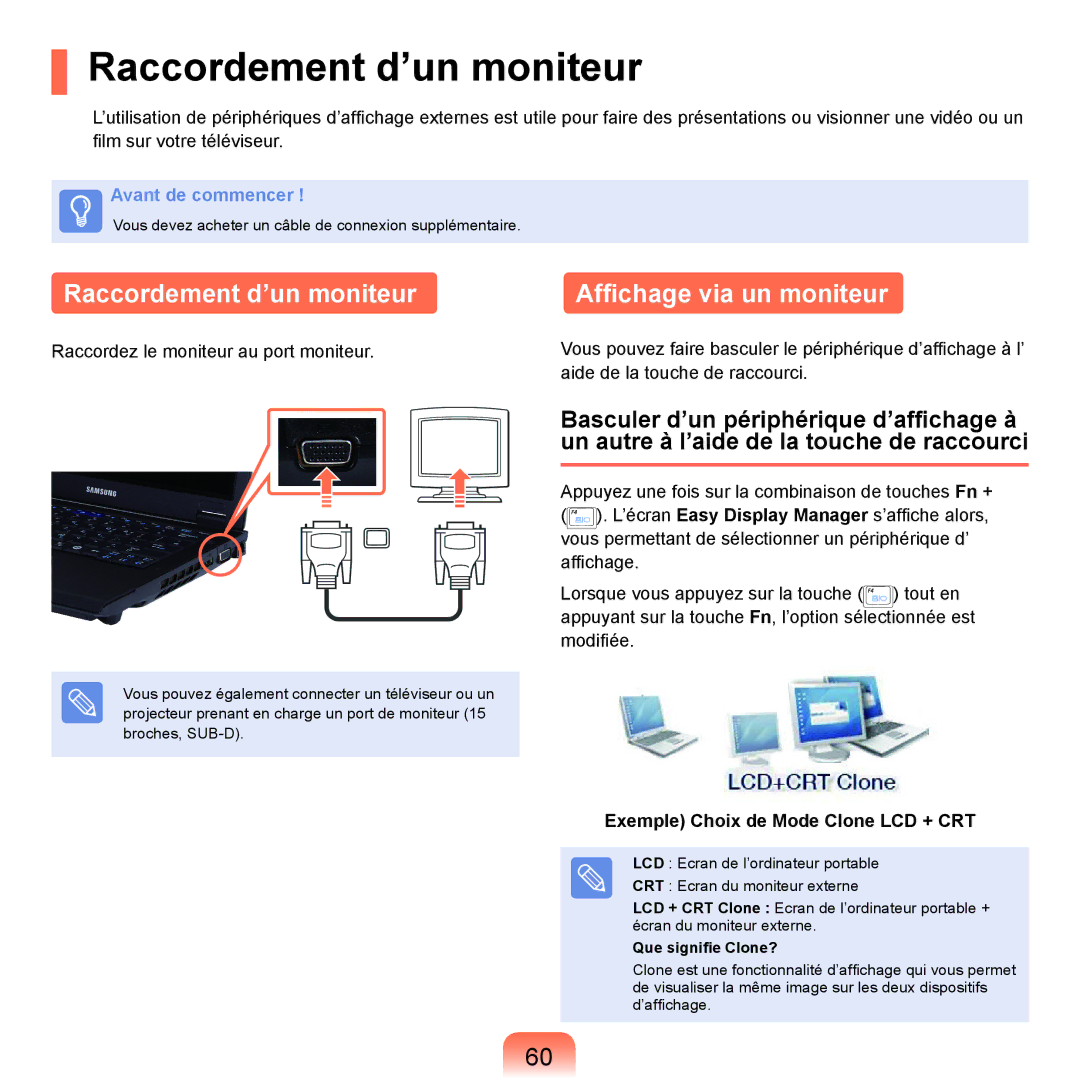 Samsung NP-P200-R000FR manual Raccordement d’un moniteur, Affichage via un moniteur, Exemple Choix de Mode Clone LCD + CRT 