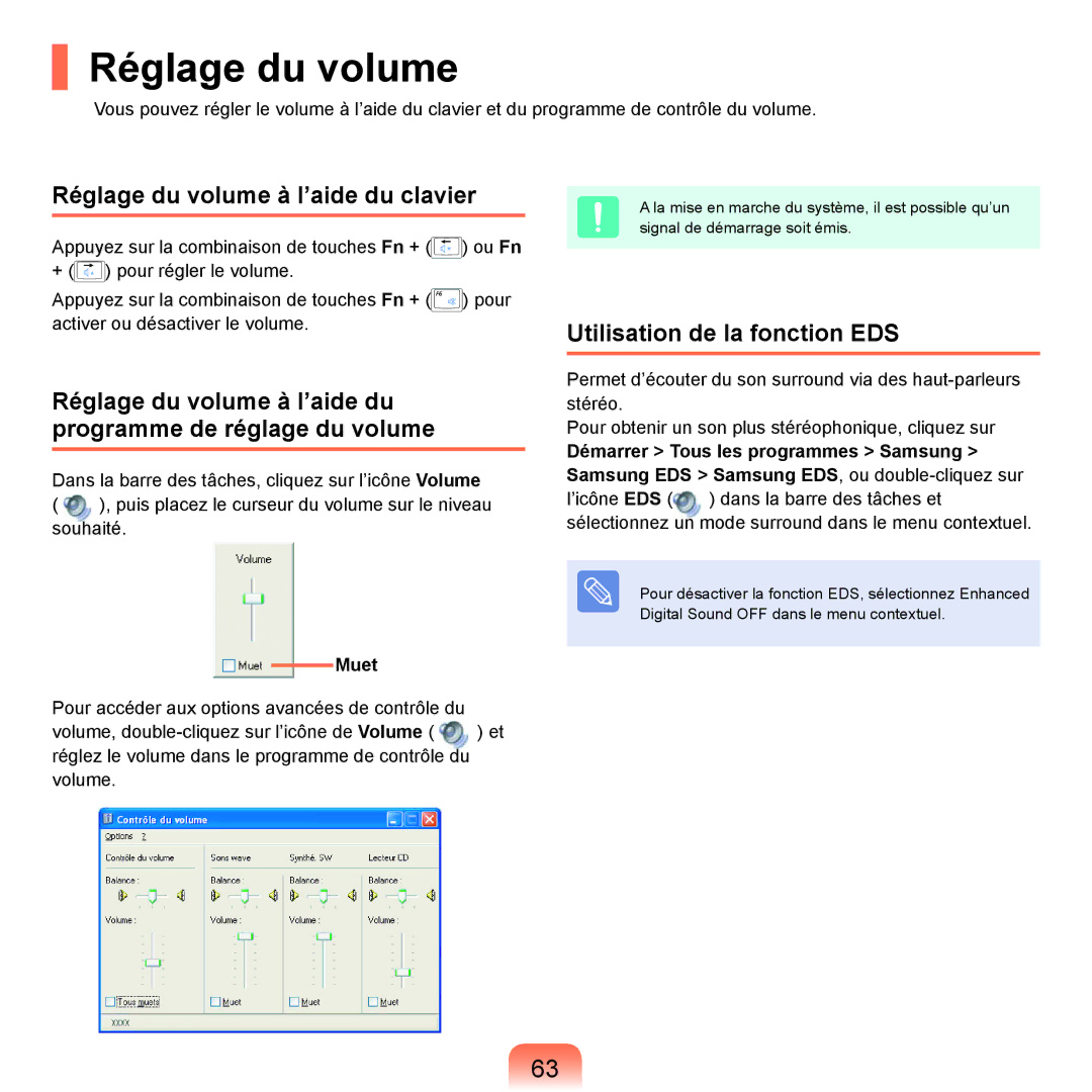 Samsung NP-P200-FA01DE, NP-P200BM/DE manual Réglage du volume à l’aide du clavier, Utilisation de la fonction EDS 