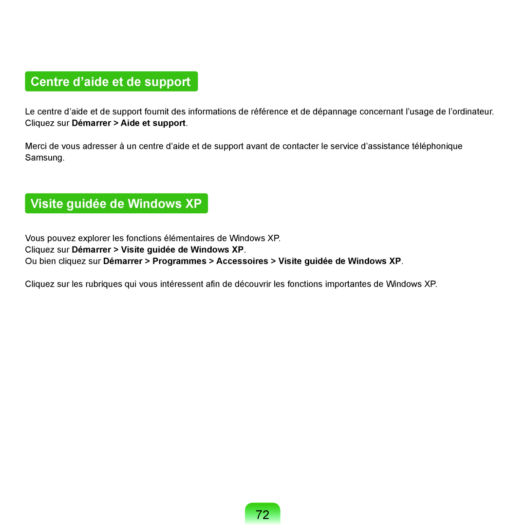 Samsung NP-P200-FA02DE, NP-P200BM/DE, NP-P200-F000DE, NP-P200BM/FR Centre d’aide et de support, Visite guidée de Windows XP 