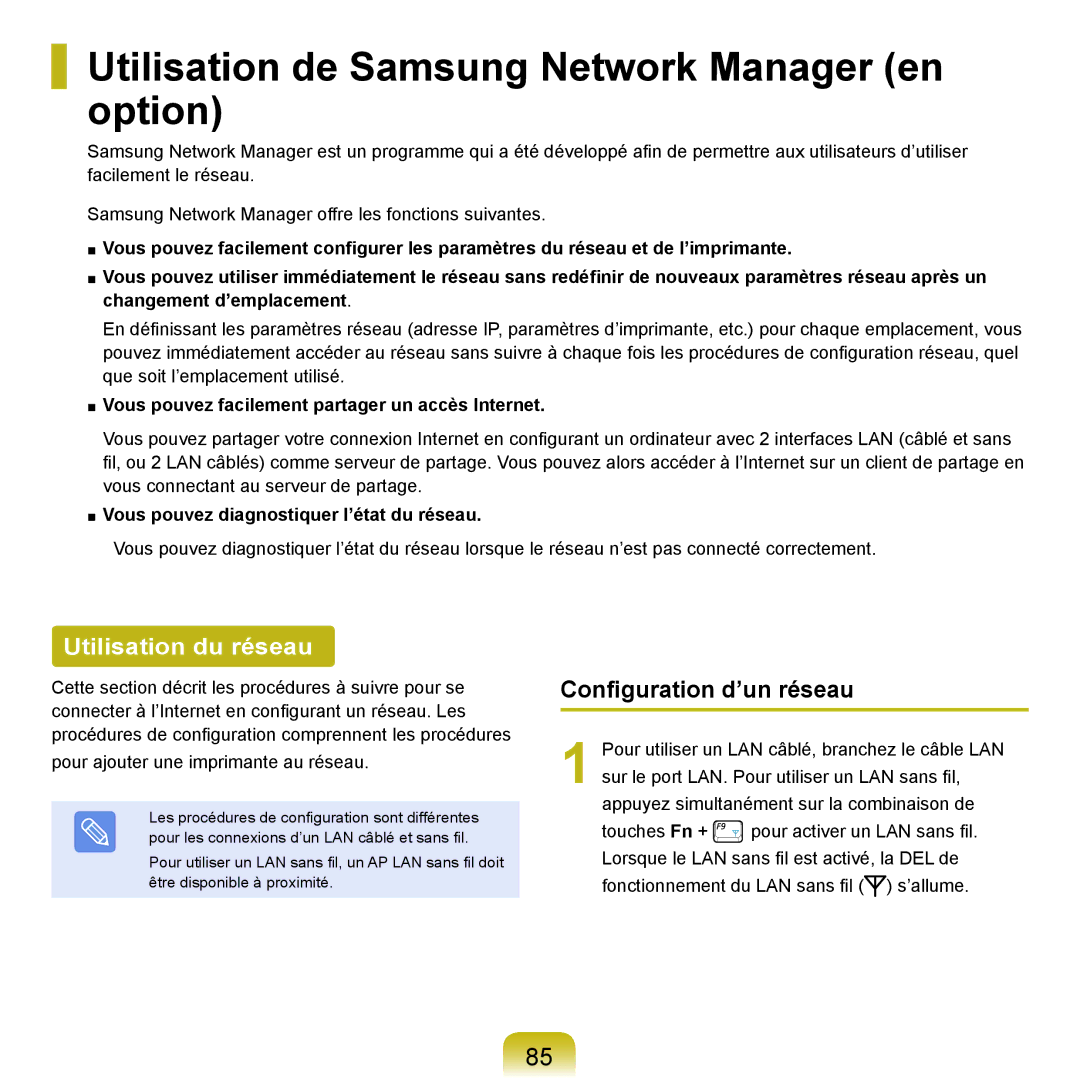 Samsung NP-P200-FA01DE, NP-P200BM/DE manual Utilisation de Samsung Network Manager en option, Configuration d’un réseau 