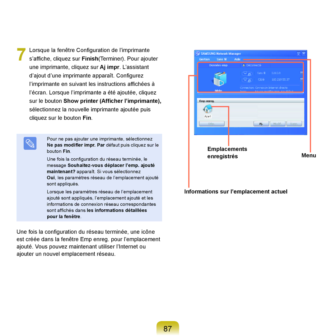 Samsung NP-P200BM/DE, NP-P200-F000DE, NP-P200-FA01FR manual Sur le bouton Show printer Afficher l’imprimante, Pour la fenêtre 