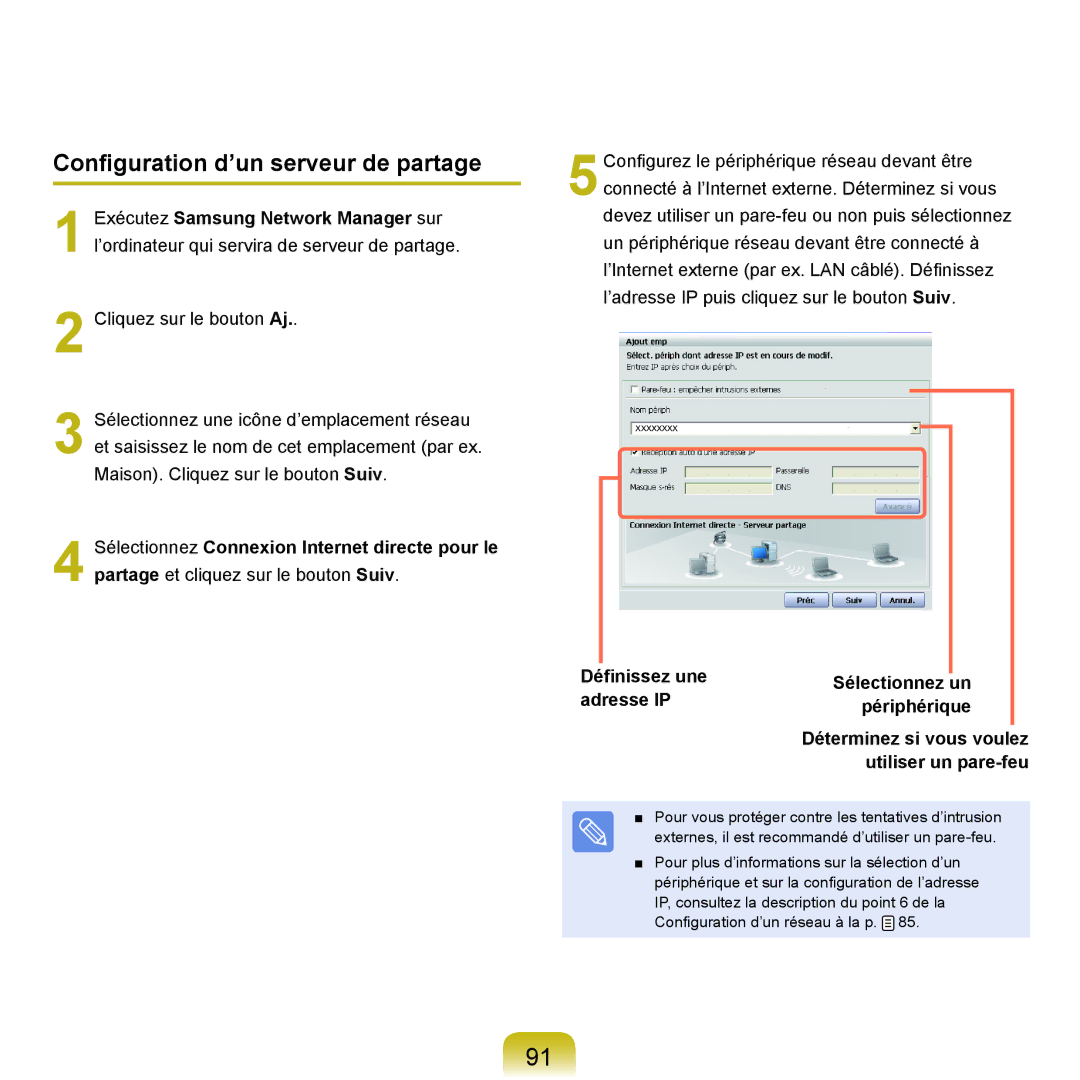 Samsung NP-P200-RA01FR, NP-P200BM/DE, NP-P200-F000DE manual Configuration d’un serveur de partage, Définissez une, Adresse IP 