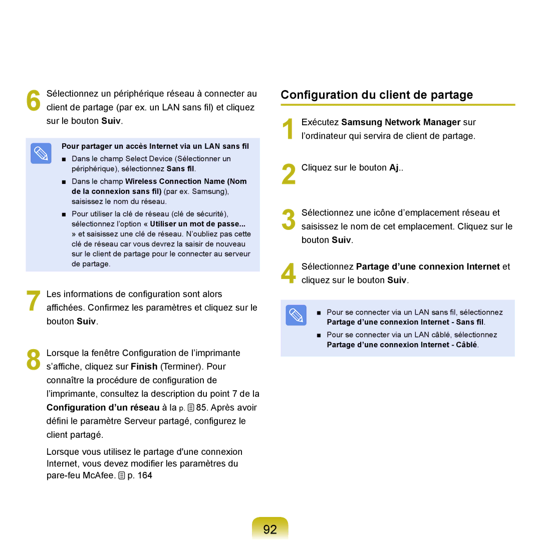 Samsung NP-P200-FA02FR manual Configuration du client de partage, Pour partager un accès Internet via un LAN sans fil 