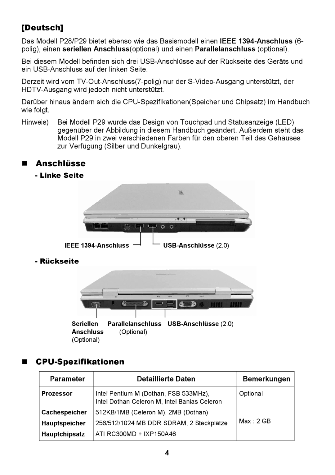 Samsung NP-P29K004/SER, NP-P29K005/SER, NP-P29/M00/SER, NP-P29K001/SER manual Deutsch, Anschlüsse, CPU-Spezifikationen 