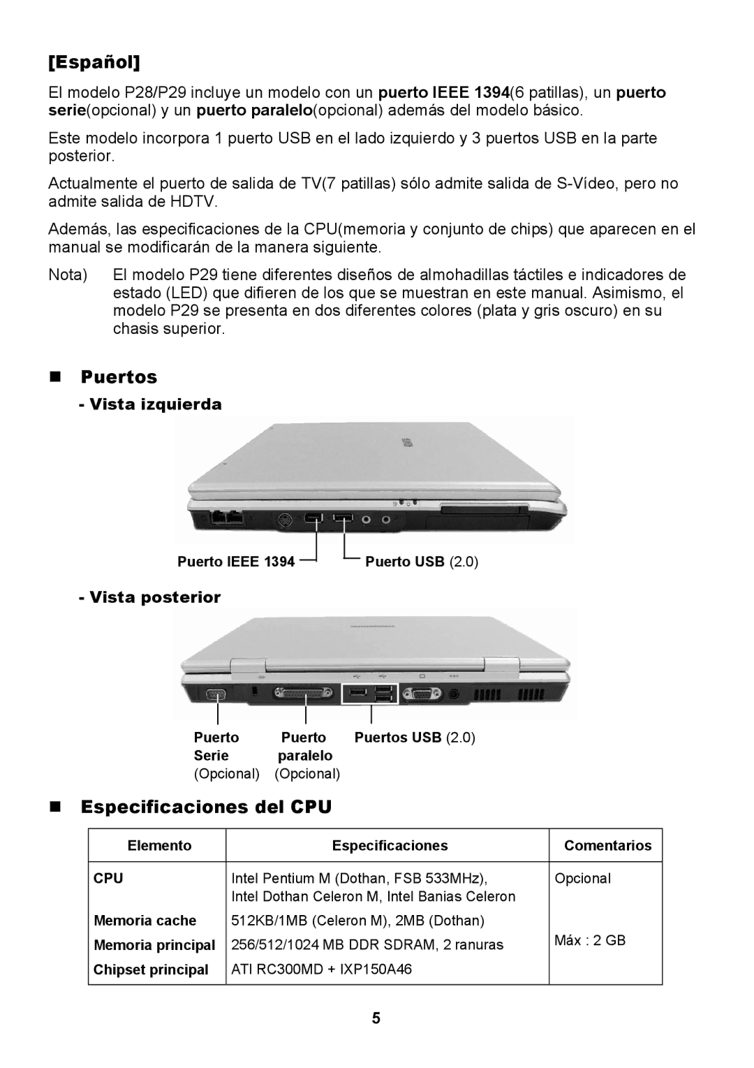 Samsung NP-P29K003/SER, NP-P29K005/SER manual Español, Puertos, Especificaciones del CPU, Vista izquierda, Vista posterior 