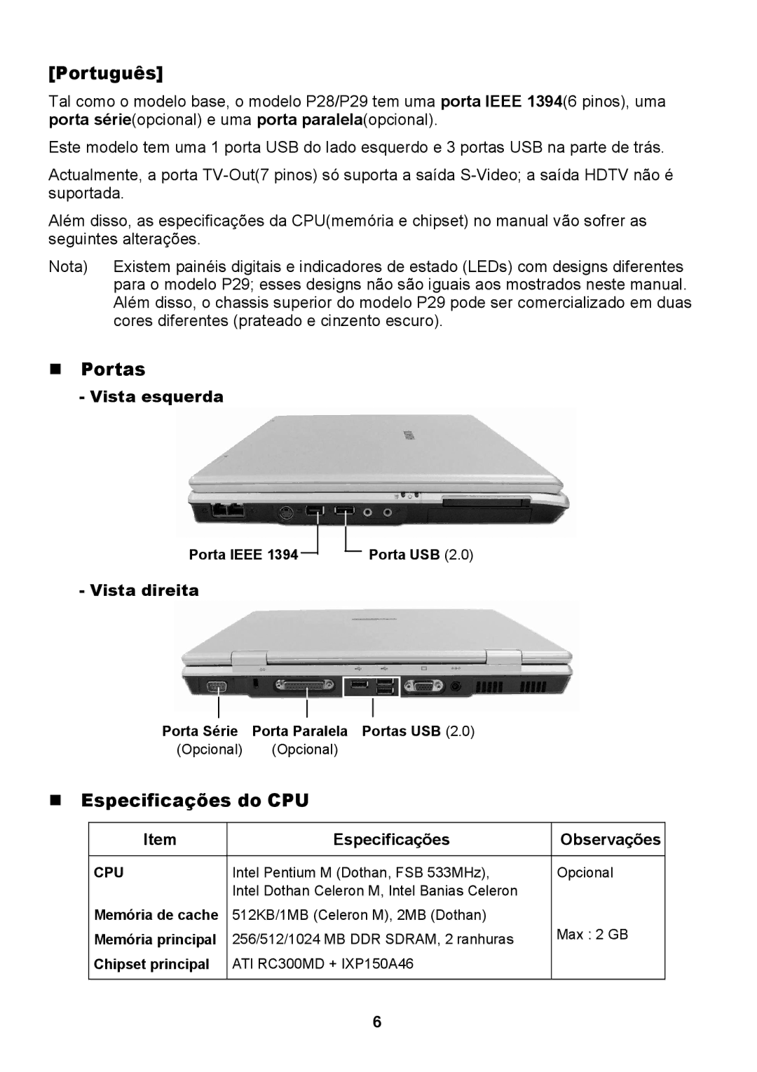 Samsung NP-P29K005/SER, NP-P29/M00/SER, NP-P29K001/SER, NP-P29K002/SER manual Português, Portas, Especificações do CPU 