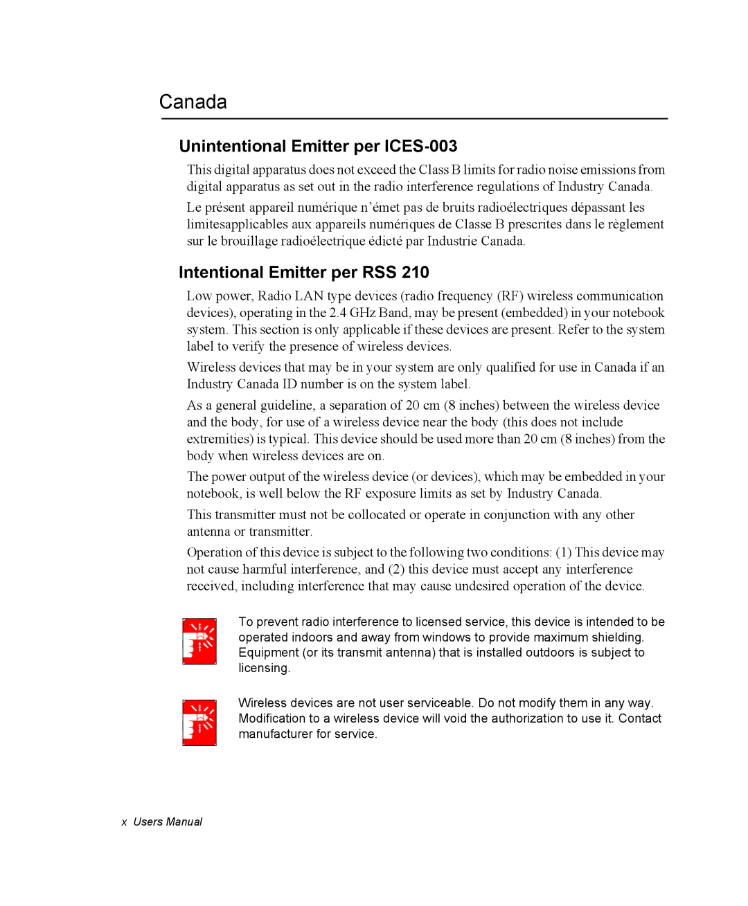 Samsung NP-P29R000/SEB, NP-P29K001/SEB manual Canada, Unintentional Emitter per ICES-003, Intentional Emitter per RSS 