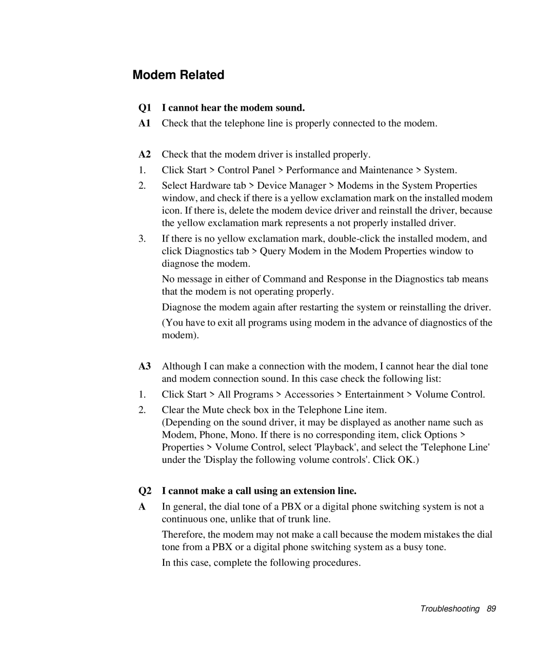 Samsung NP-P29R000/SEB Modem Related, Q1 I cannot hear the modem sound, Q2 I cannot make a call using an extension line 