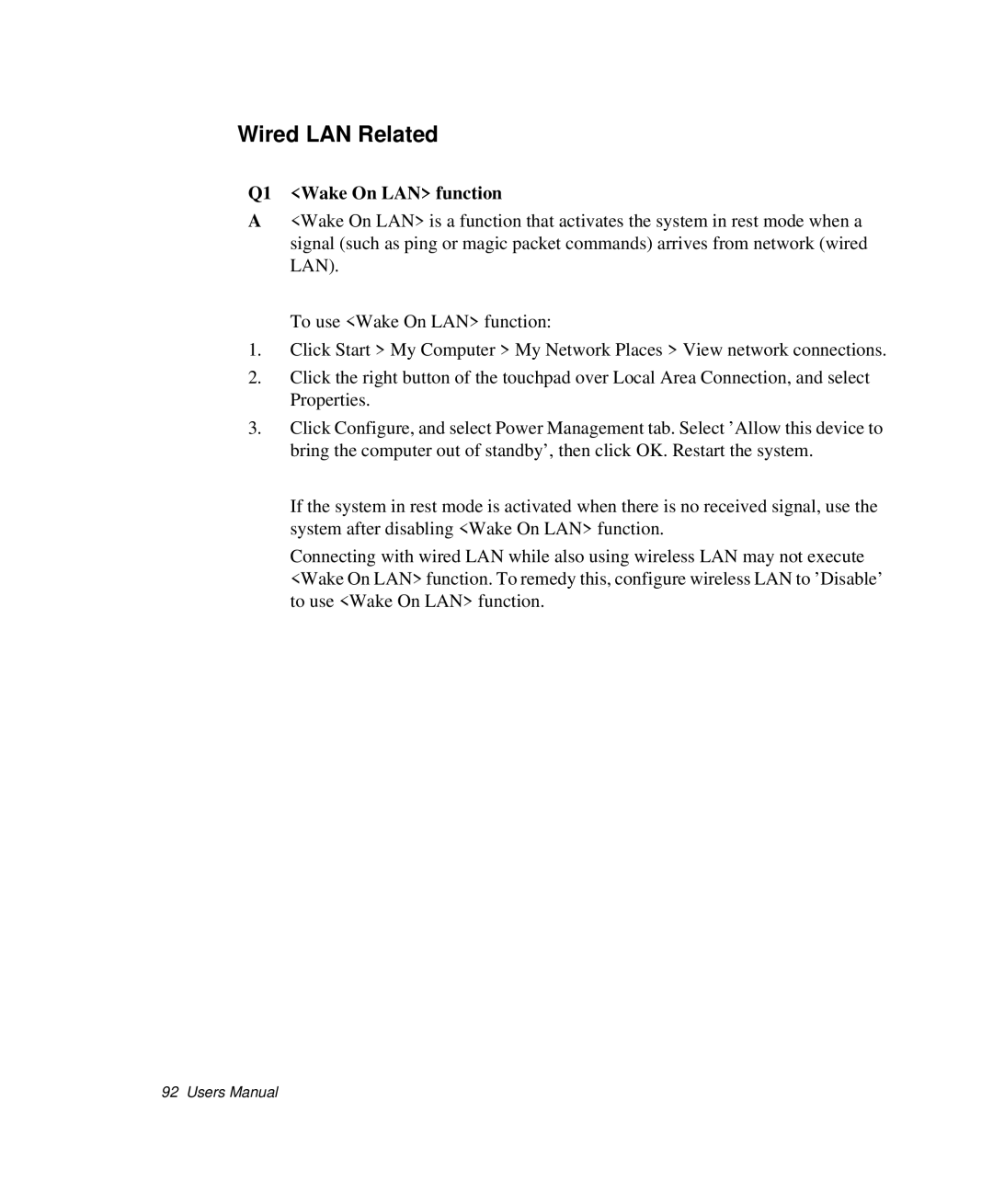 Samsung NP-P29K001/SEB, NP-P29R000/SEB manual Wired LAN Related, Q1 Wake On LAN function 