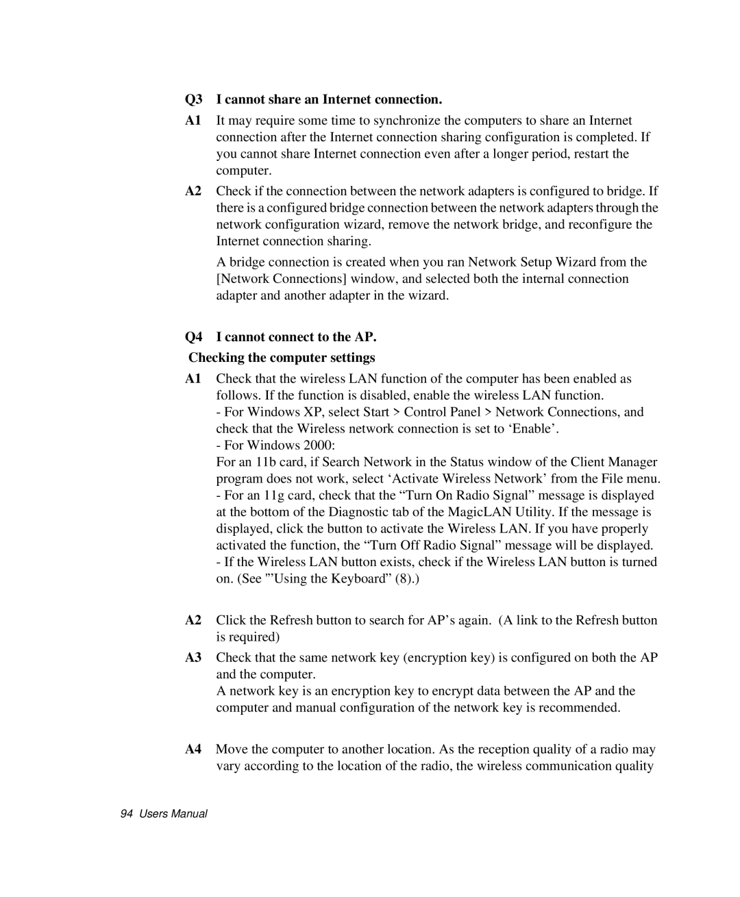 Samsung NP-P29K001/SEB, NP-P29R000/SEB manual Q3 I cannot share an Internet connection 