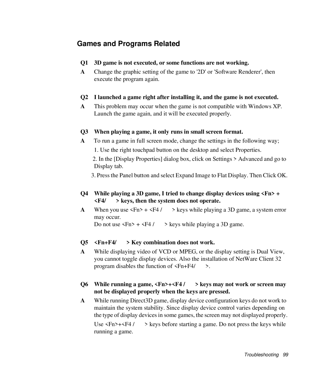 Samsung NP-P29R000/SEB manual Games and Programs Related, Q3 When playing a game, it only runs in small screen format 