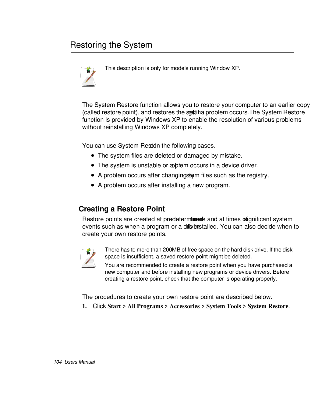 Samsung NP-P29K001/SEB, NP-P29R000/SEB manual Restoring the System, Creating a Restore Point 