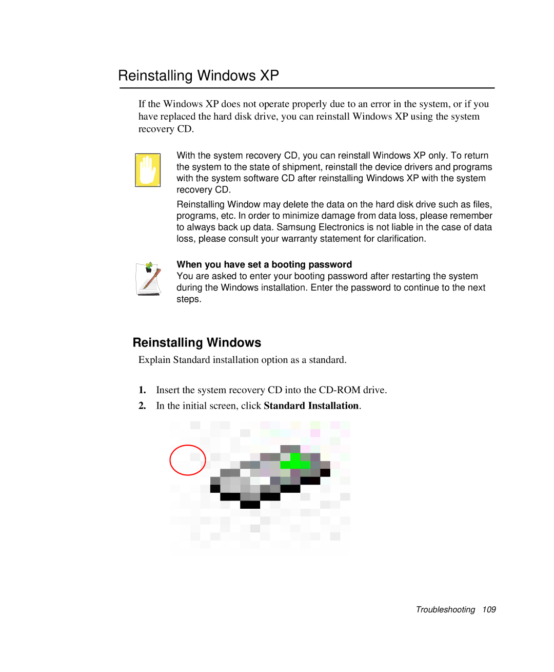 Samsung NP-P29R000/SEB, NP-P29K001/SEB manual Reinstalling Windows XP, When you have set a booting password 