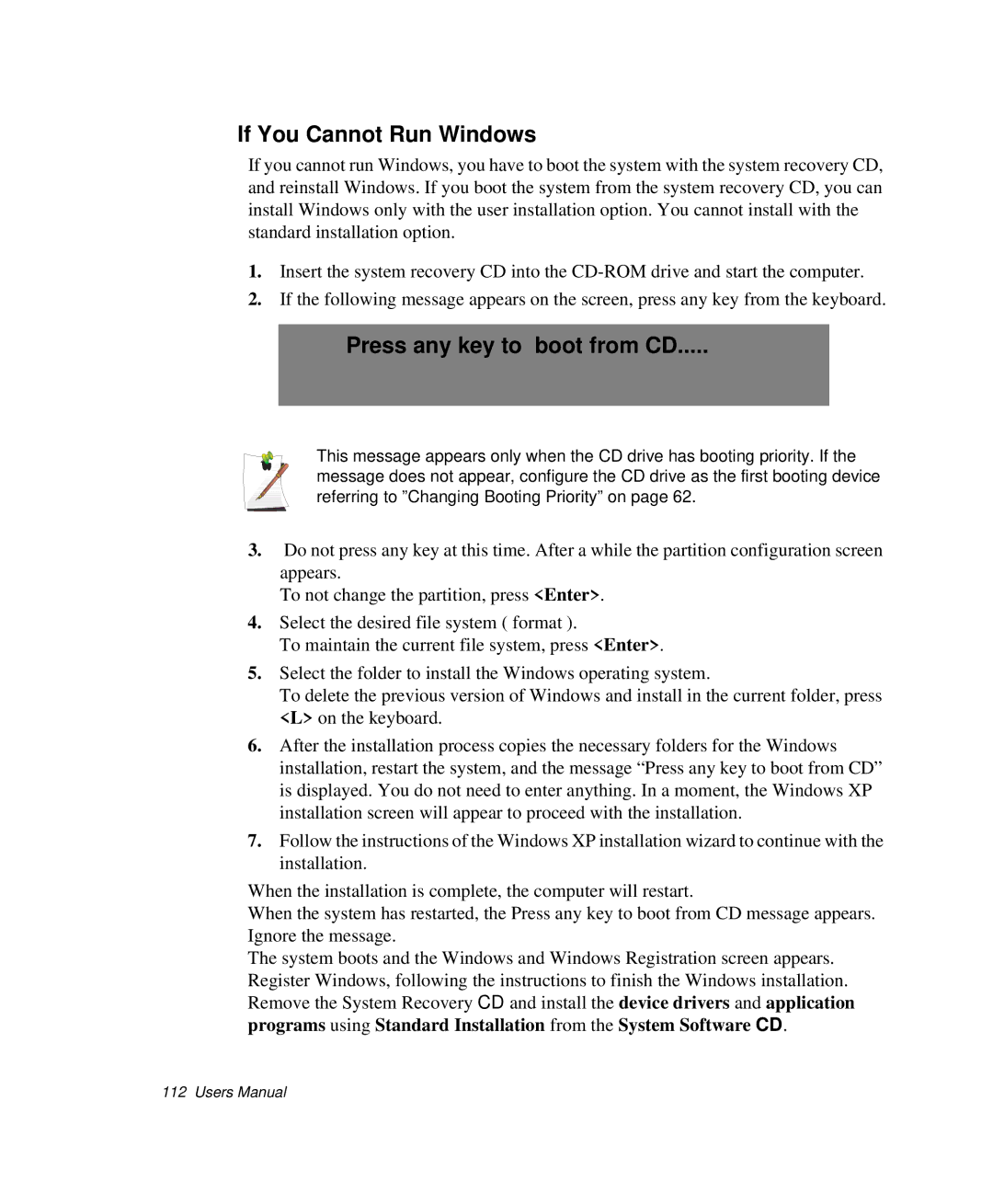 Samsung NP-P29K001/SEB, NP-P29R000/SEB manual If You Cannot Run Windows, Press any key to boot from CD 