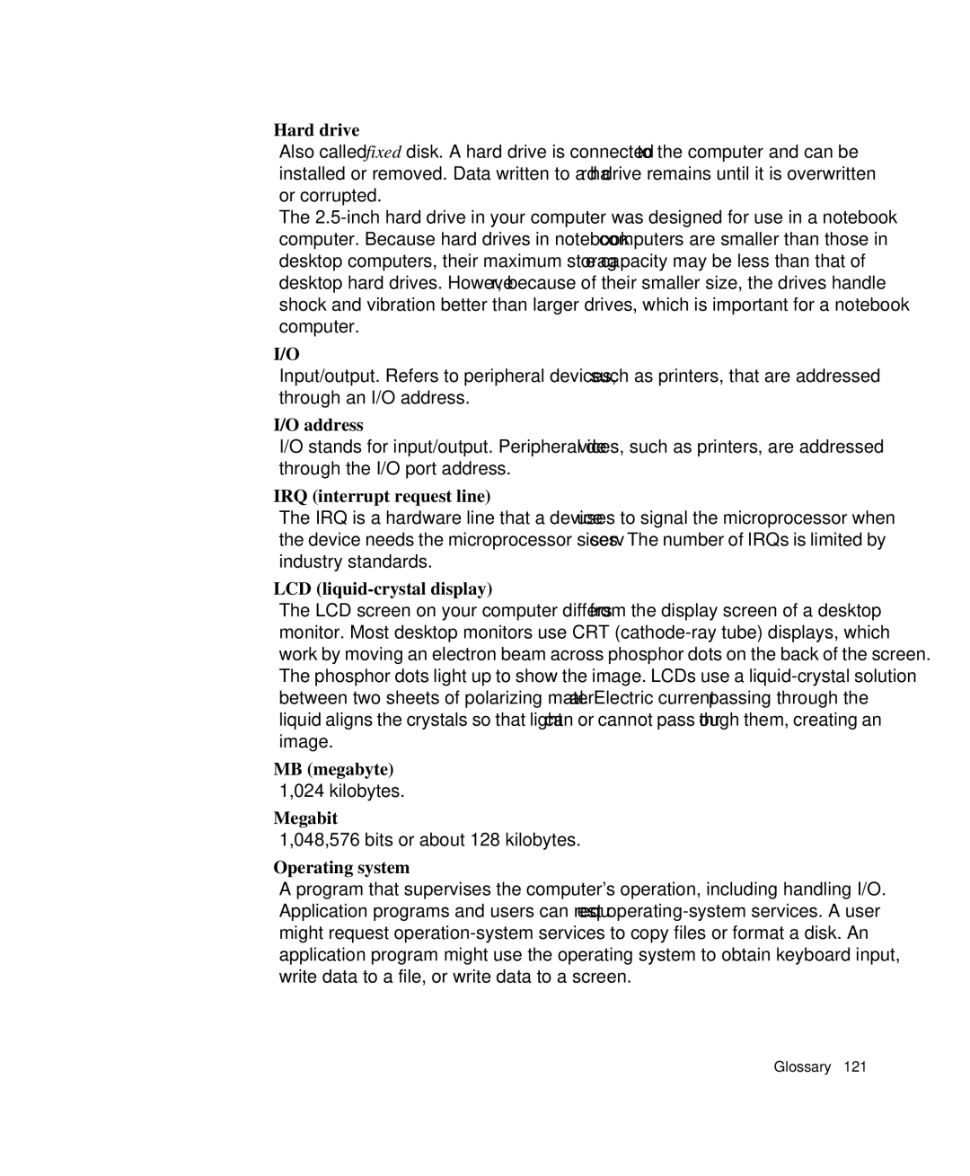 Samsung NP-P29R000/SEB Hard drive, Address, IRQ interrupt request line, LCD liquid-crystal display, MB megabyte, Megabit 