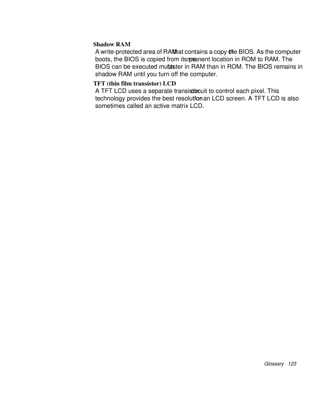 Samsung NP-P29R000/SEB, NP-P29K001/SEB manual Shadow RAM, TFT thin film transistor LCD 