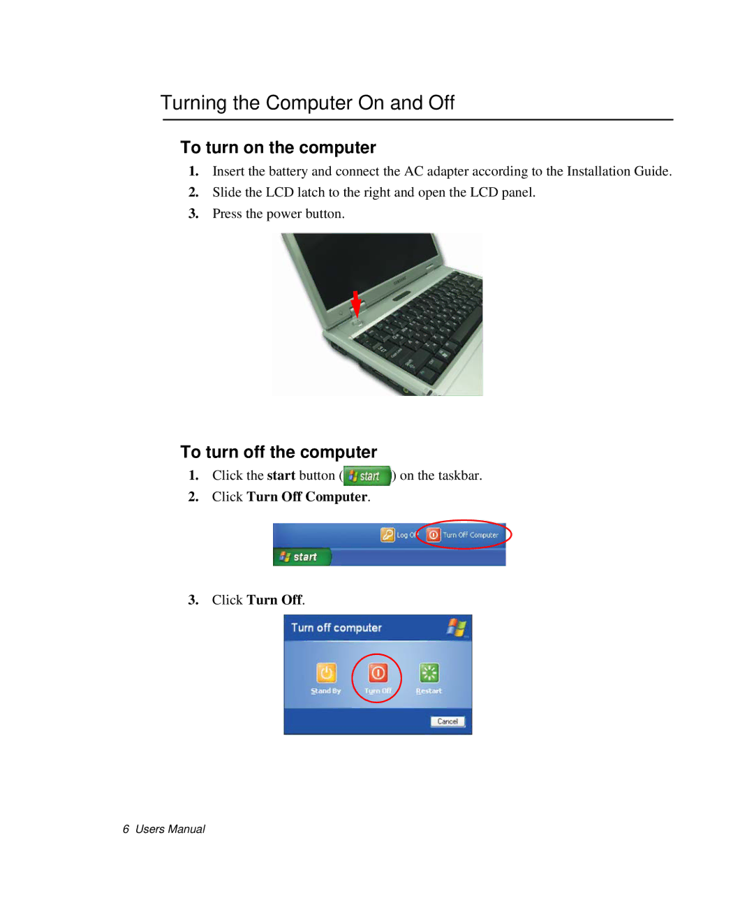 Samsung NP-P29K001/SEB, NP-P29R000/SEB Turning the Computer On and Off, To turn on the computer, To turn off the computer 