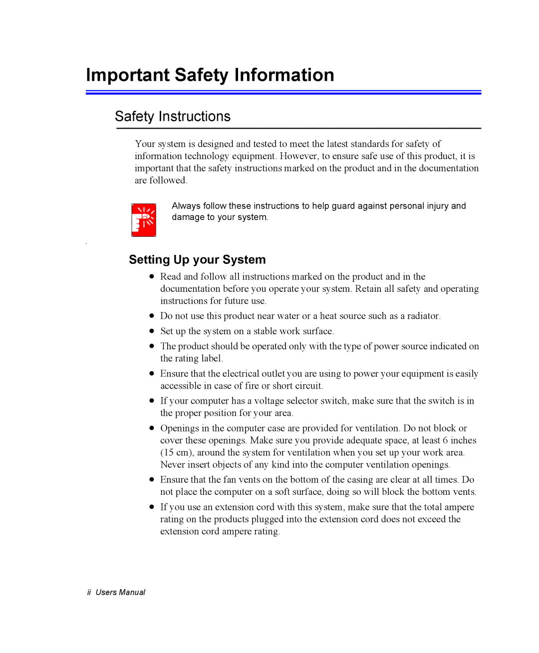 Samsung NP-P29R000/SEB, NP-P29K001/SEB manual Safety Instructions, Setting Up your System 