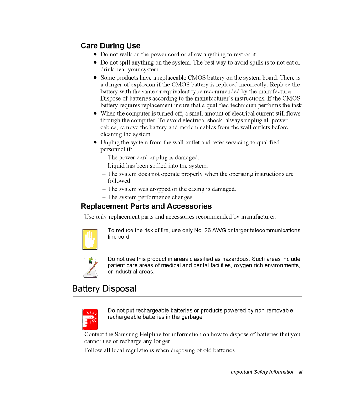 Samsung NP-P29K001/SEB, NP-P29R000/SEB manual Battery Disposal, Care During Use, Replacement Parts and Accessories 