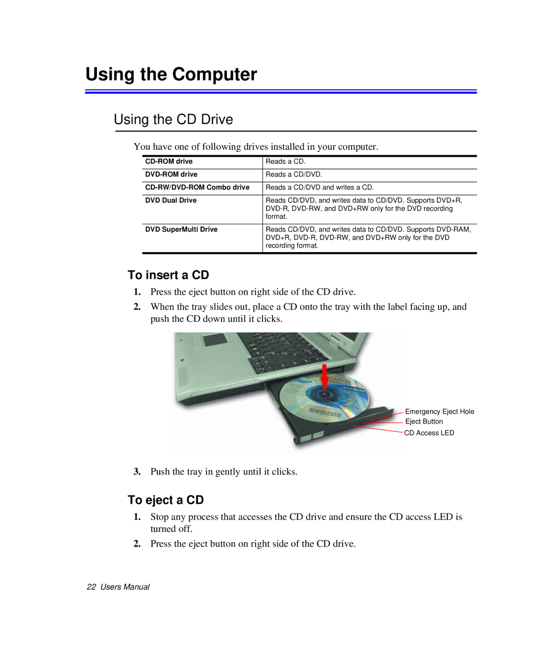 Samsung NP-P29K001/SEB, NP-P29R000/SEB manual Using the CD Drive, To insert a CD, To eject a CD 