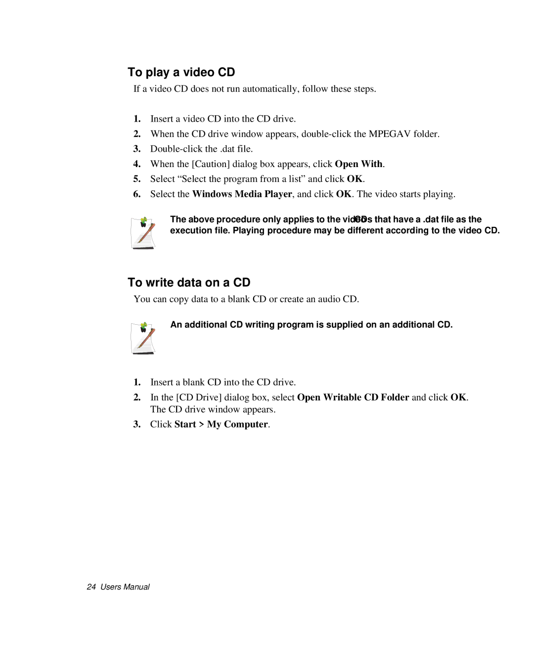 Samsung NP-P29K001/SEB, NP-P29R000/SEB manual To play a video CD, To write data on a CD 