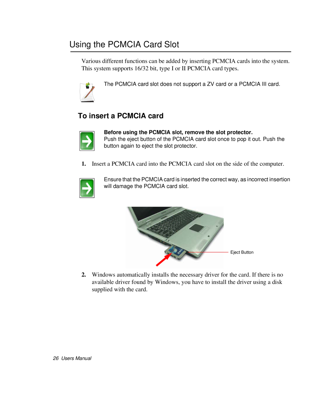 Samsung NP-P29K001/SEB, NP-P29R000/SEB manual Using the Pcmcia Card Slot, To insert a Pcmcia card 