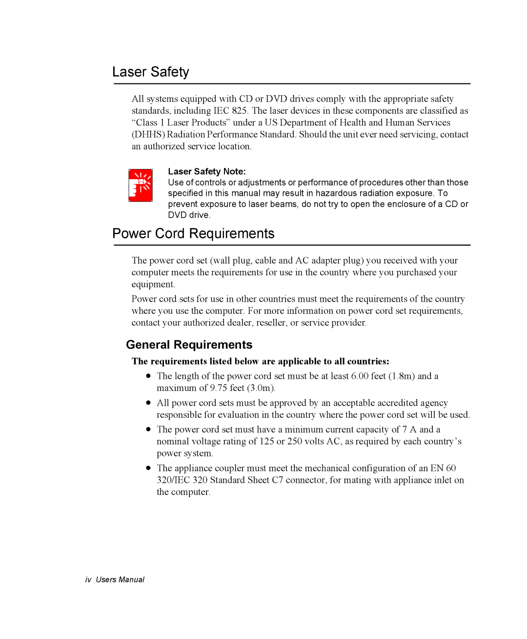 Samsung NP-P29R000/SEB, NP-P29K001/SEB manual Power Cord Requirements, General Requirements, Laser Safety Note 