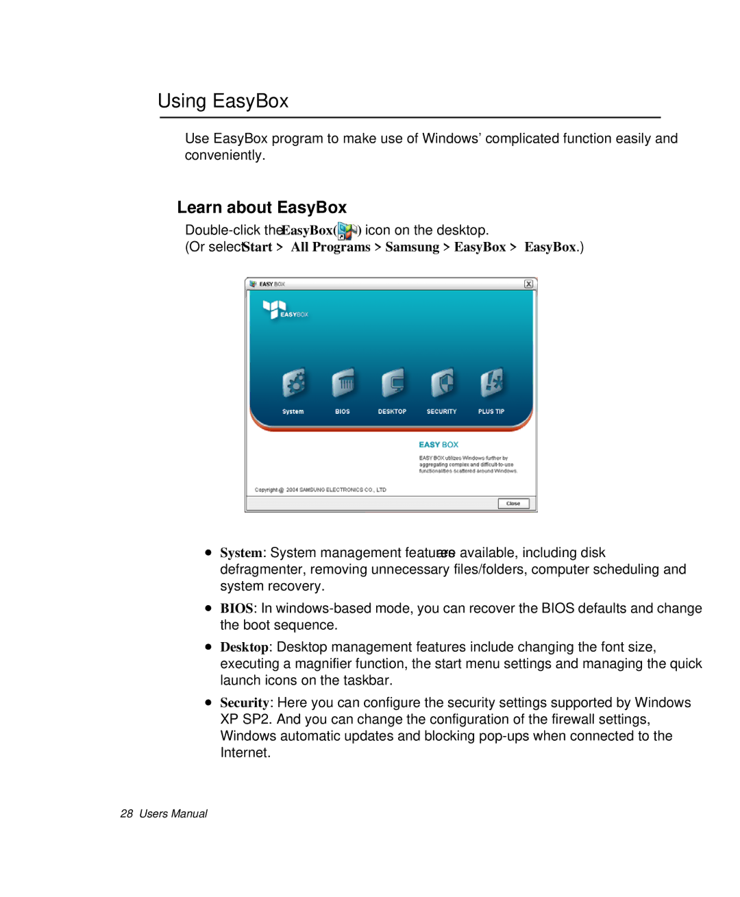 Samsung NP-P29K001/SEB manual Using EasyBox, Learn about EasyBox, Or select Start All Programs Samsung EasyBox EasyBox 