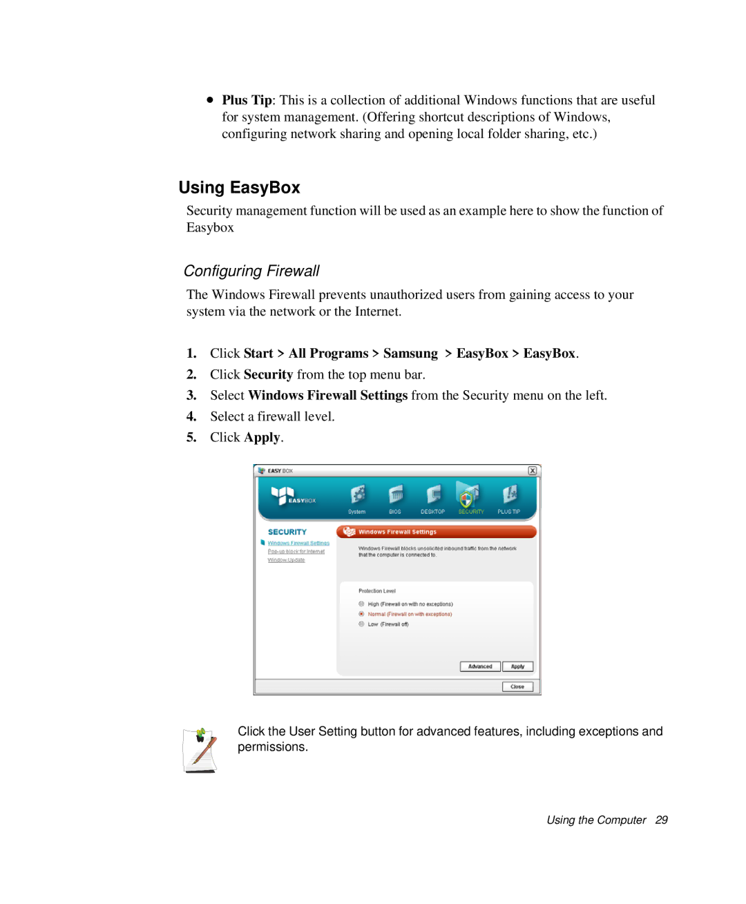 Samsung NP-P29R000/SEB manual Using EasyBox, Configuring Firewall, Click Start All Programs Samsung EasyBox EasyBox 