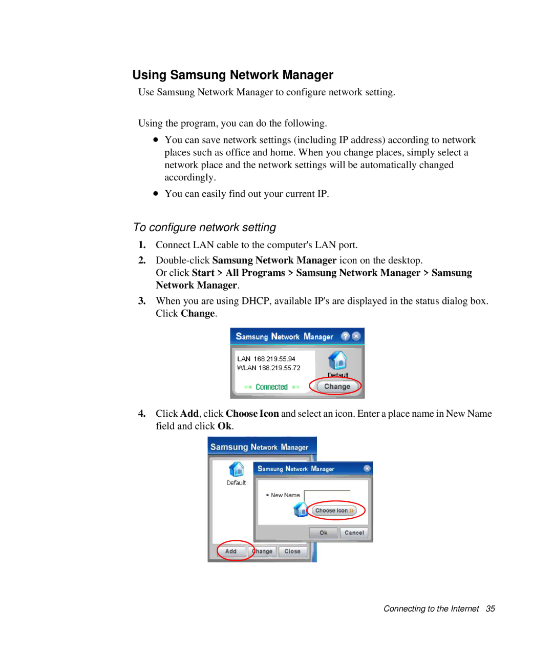 Samsung NP-P29R000/SEB, NP-P29K001/SEB manual Using Samsung Network Manager, To configure network setting 