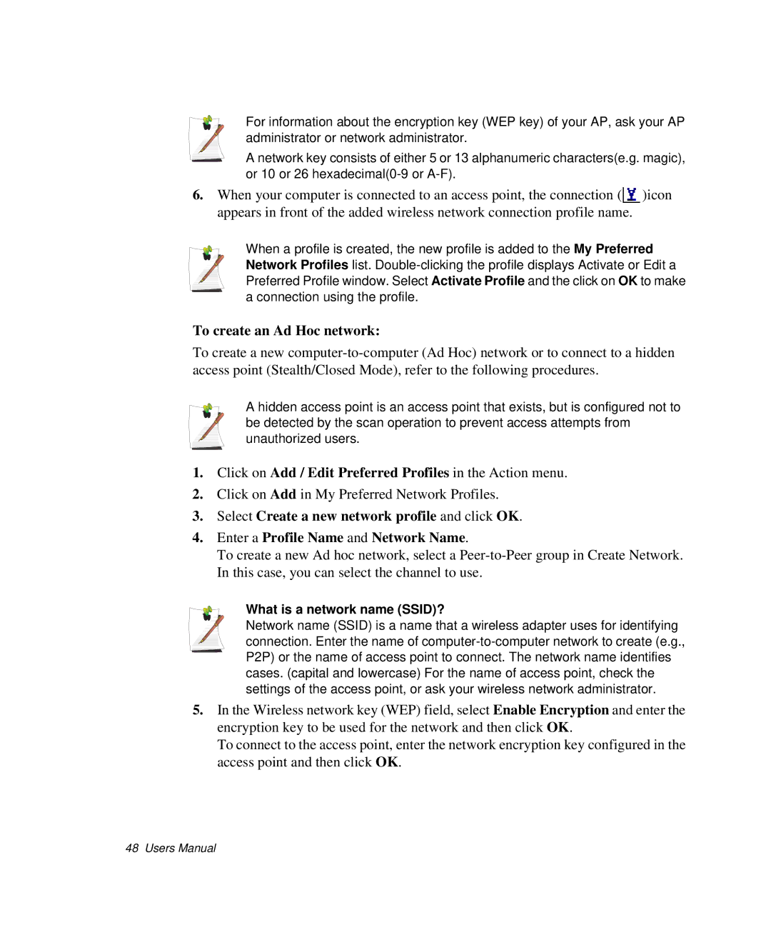 Samsung NP-P29K001/SEB manual To create an Ad Hoc network, Click on Add / Edit Preferred Profiles in the Action menu 