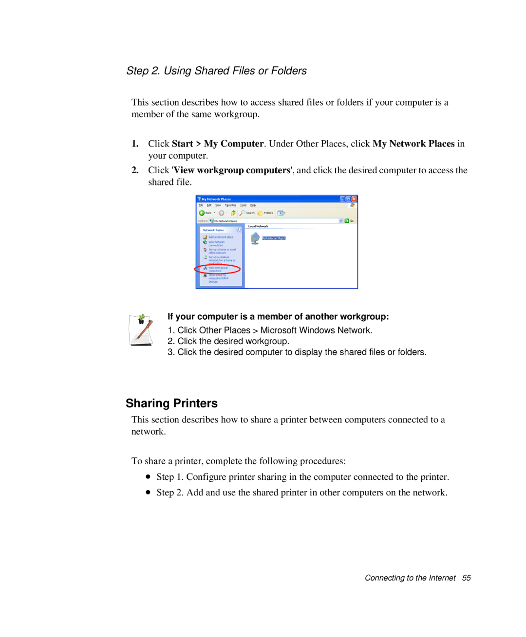 Samsung NP-P29R000/SEB Sharing Printers, Using Shared Files or Folders, If your computer is a member of another workgroup 