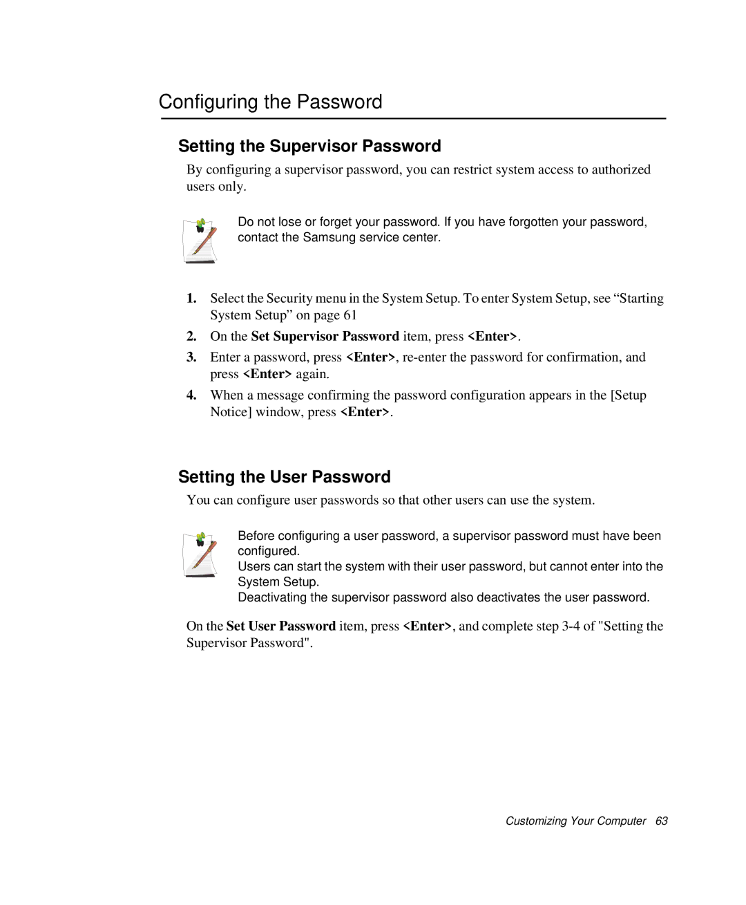 Samsung NP-P29R000/SEB manual Configuring the Password, Setting the Supervisor Password, Setting the User Password 