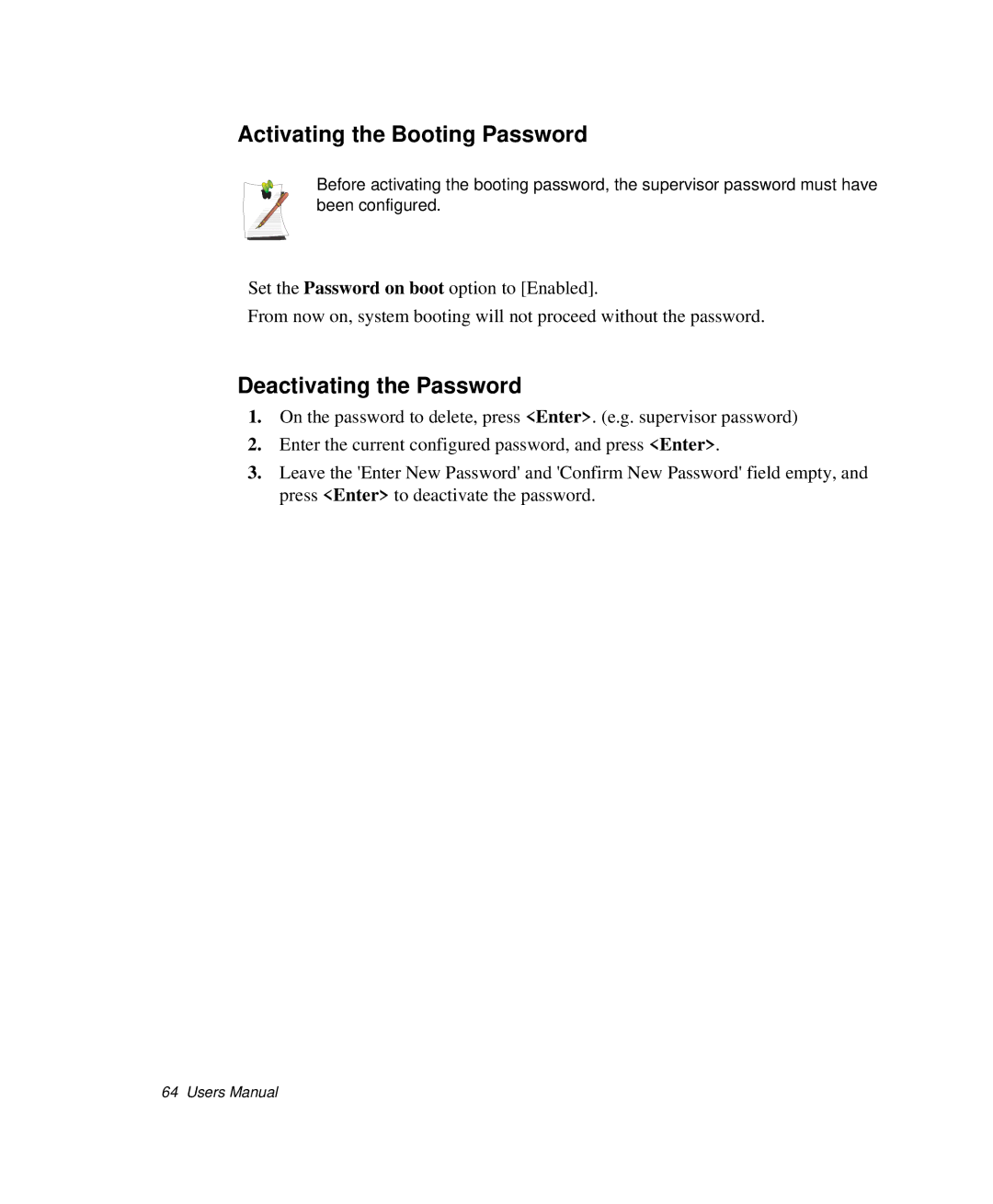 Samsung NP-P29K001/SEB, NP-P29R000/SEB manual Activating the Booting Password, Deactivating the Password 