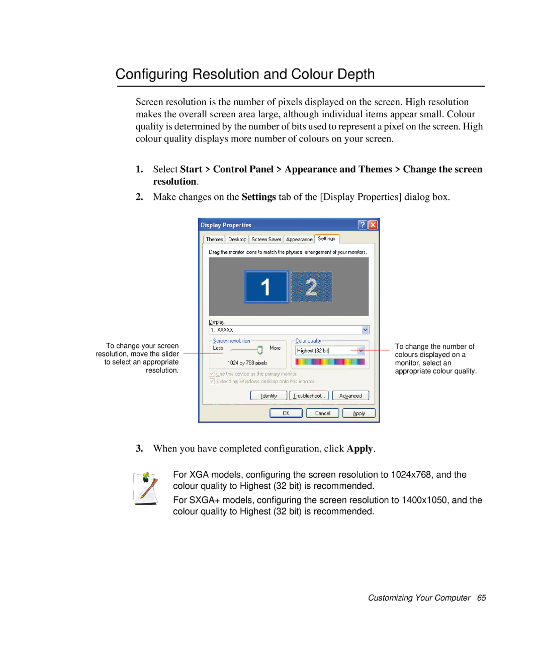 Samsung NP-P29R000/SEB manual Configuring Resolution and Colour Depth, When you have completed configuration, click Apply 