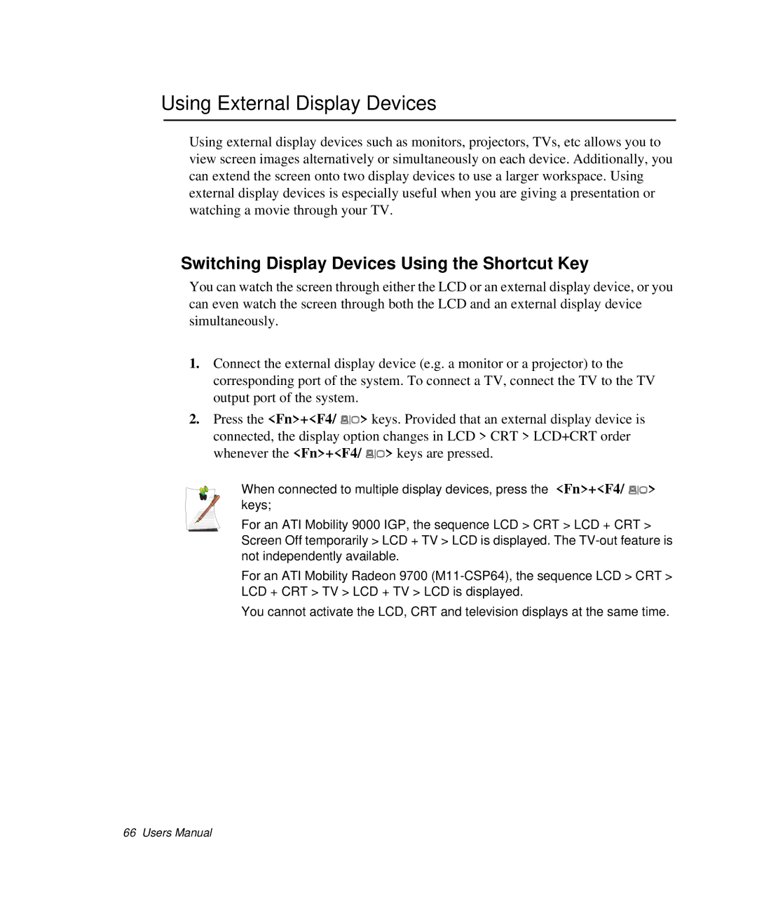 Samsung NP-P29K001/SEB, NP-P29R000/SEB Using External Display Devices, Switching Display Devices Using the Shortcut Key 