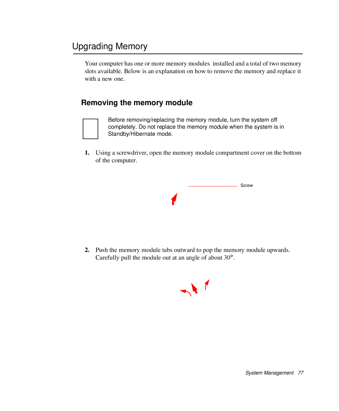 Samsung NP-P29R000/SEB, NP-P29K001/SEB manual Upgrading Memory, Removing the memory module 