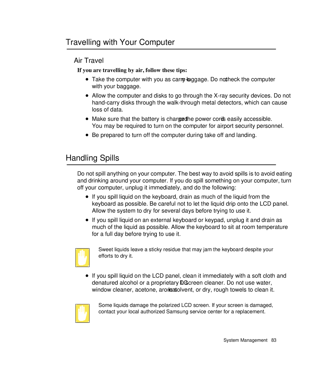 Samsung NP-P29R000/SEB, NP-P29K001/SEB manual Travelling with Your Computer, Handling Spills, Air Travel 