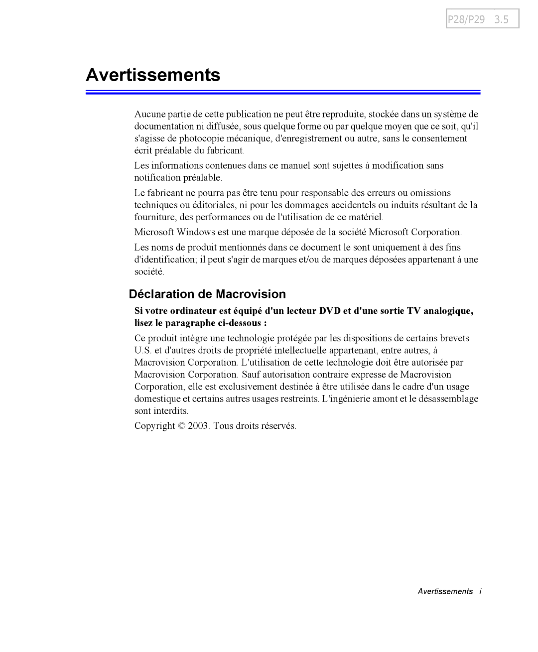 Samsung NP-P29K001/SEF, NP-P29R000/SEF, NP-P29R001/SEF manual Avertissements, Déclaration de Macrovision 