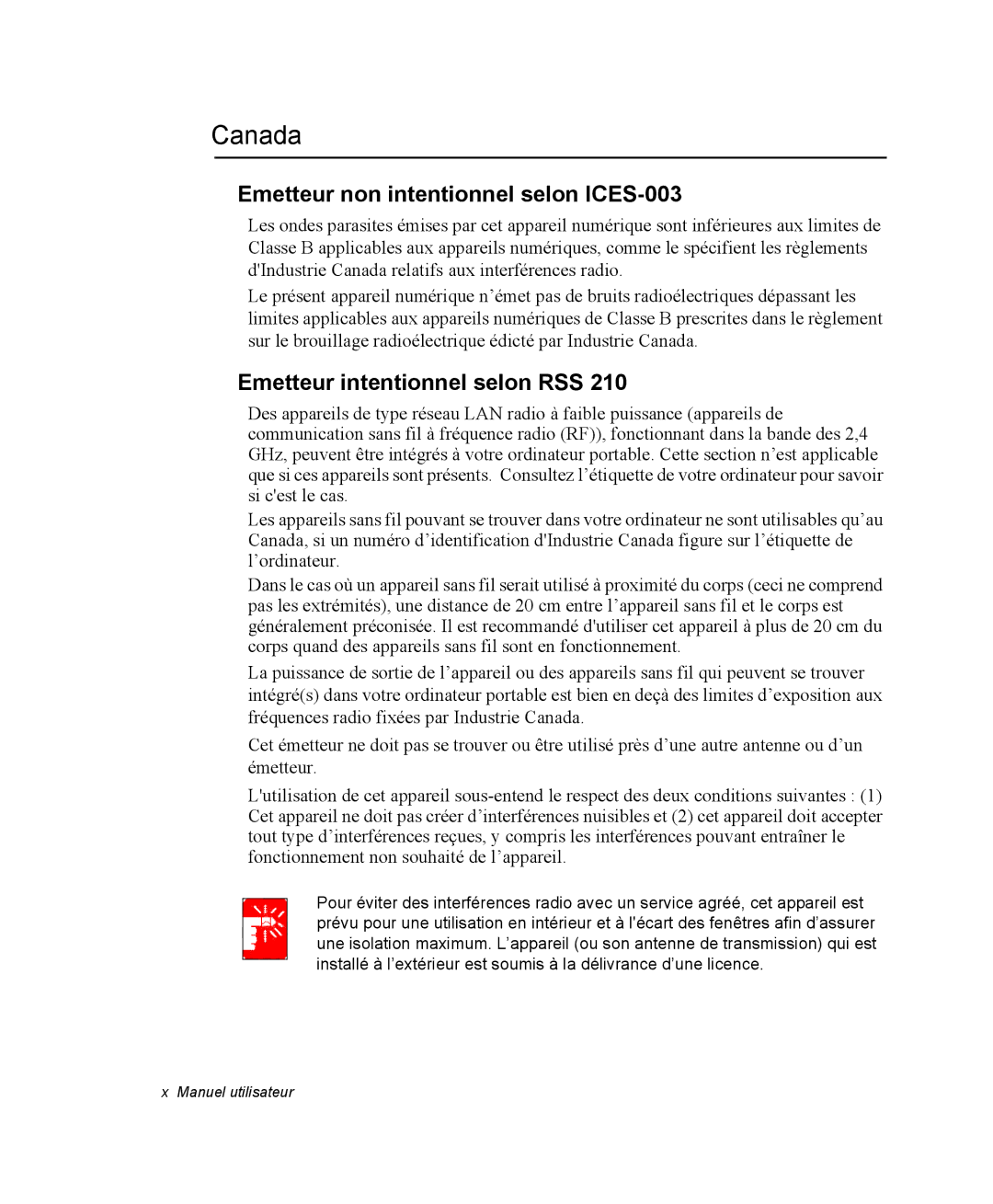 Samsung NP-P29K001/SEF, NP-P29R000/SEF Canada, Emetteur non intentionnel selon ICES-003, Emetteur intentionnel selon RSS 