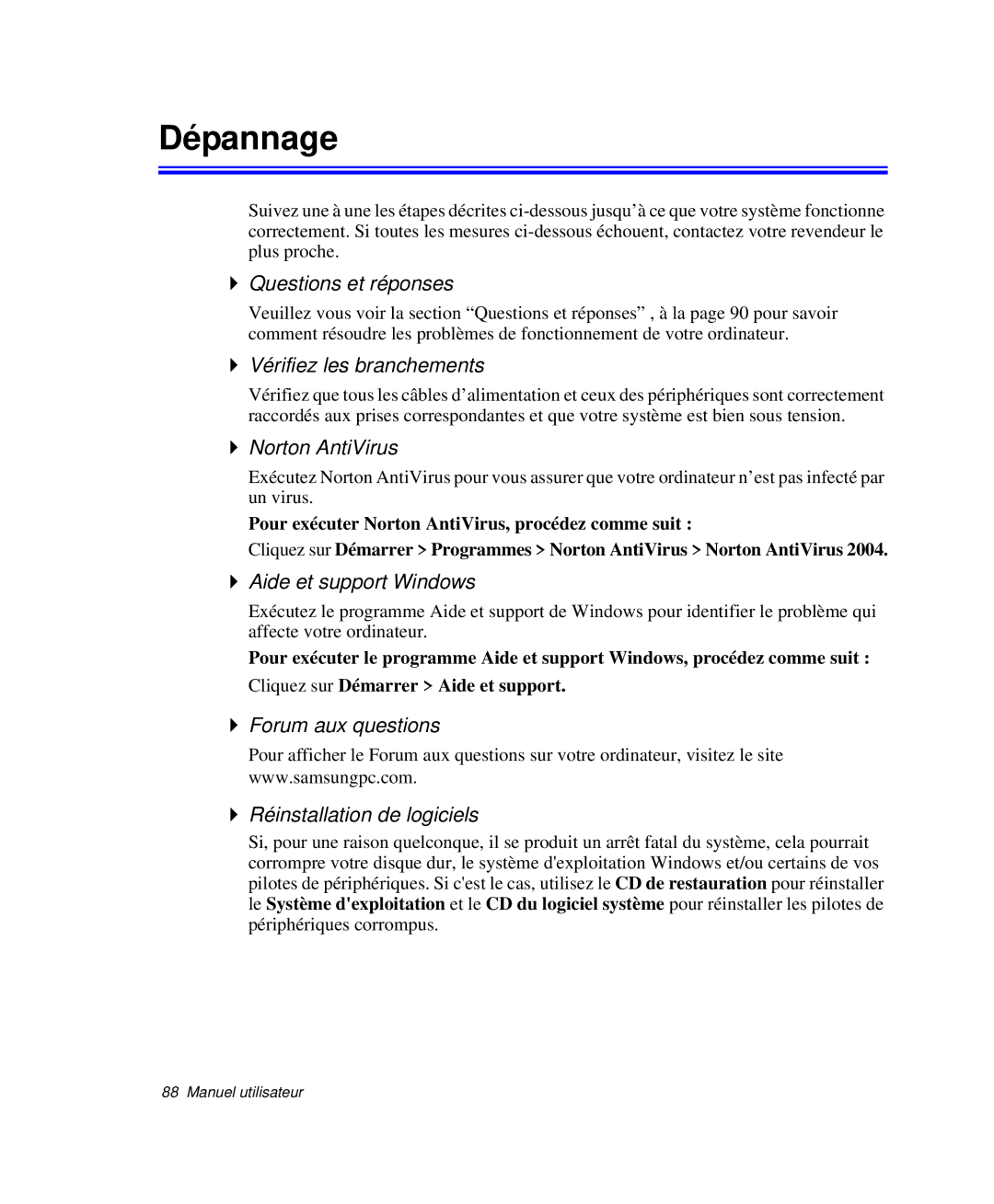 Samsung NP-P29R001/SEF, NP-P29R000/SEF, NP-P29K001/SEF manual Dépannage 