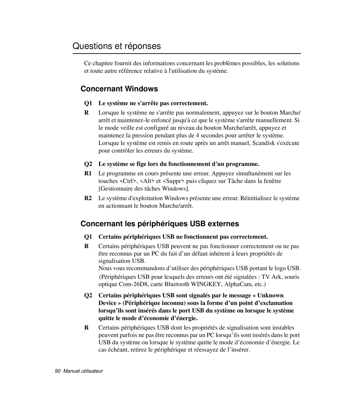 Samsung NP-P29K001/SEF manual Questions et réponses, Concernant Windows, Concernant les périphériques USB externes 