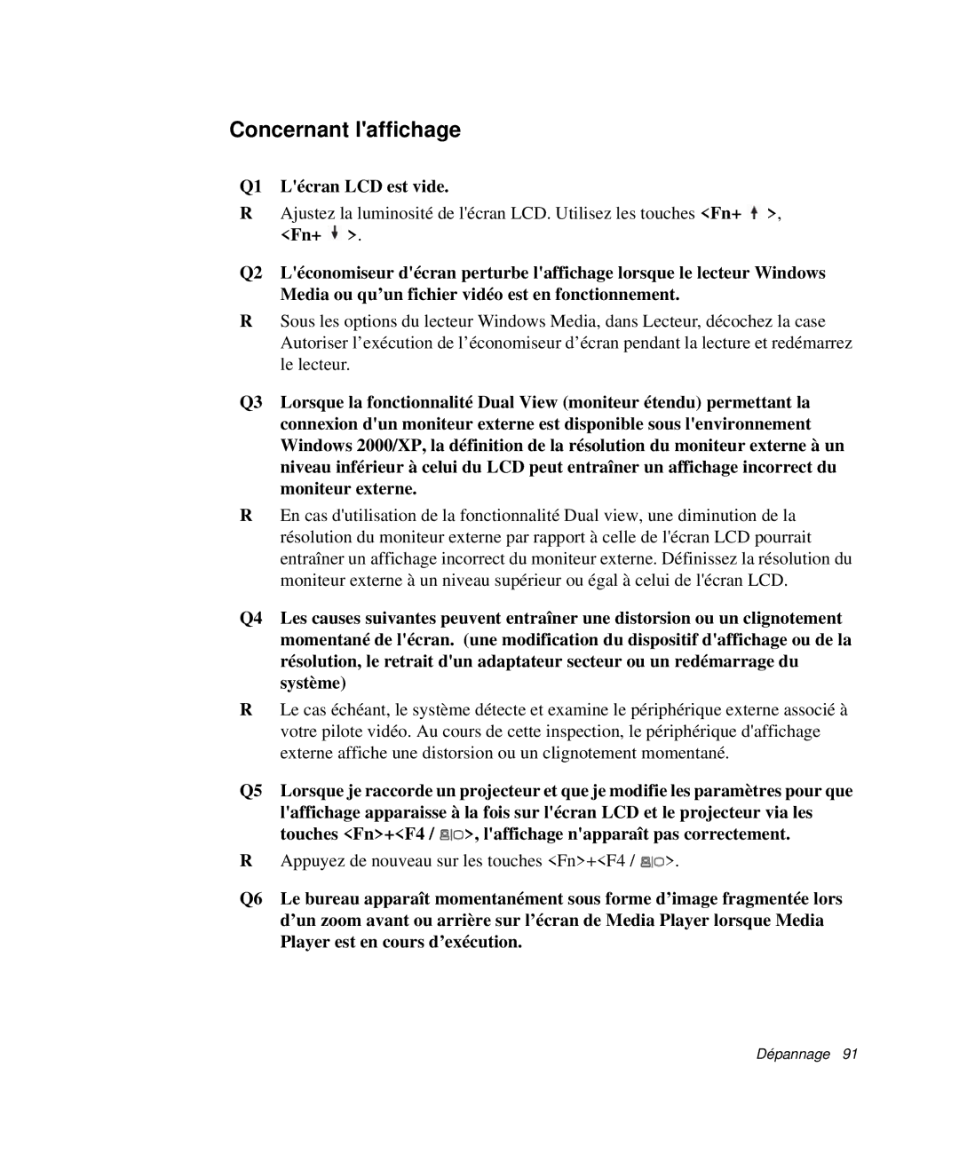 Samsung NP-P29R001/SEF, NP-P29R000/SEF, NP-P29K001/SEF manual Concernant laffichage, Q1 Lécran LCD est vide 